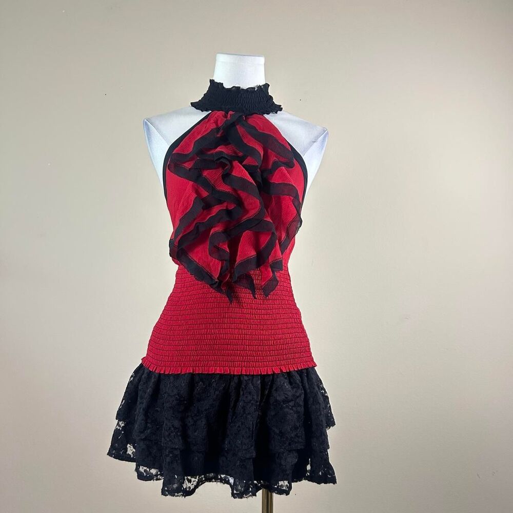 Bebe Dark Coquette Vampy High Neck Ruffle Halter Top